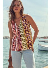 Multi Geo Tile Print Linen Blend V-Neck Summer Top - Image 1 of 6