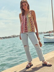 Multi Geo Tile Print Linen Blend V-Neck Summer Top - Image 2 of 6