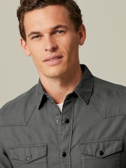 Charcoal Grey Twin Pocket Textured Western Long Sleeve 100% Cotton Shirt - Image 1 of 8