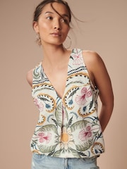 Ecru Cream Paisley Print Linen Blend V-Neck Summer Top - Image 1 of 6