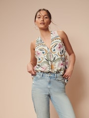 Ecru Cream Paisley Print Linen Blend V-Neck Summer Top - Image 2 of 6