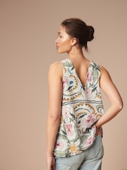 Ecru Cream Paisley Print Linen Blend V-Neck Summer Top - Image 3 of 6