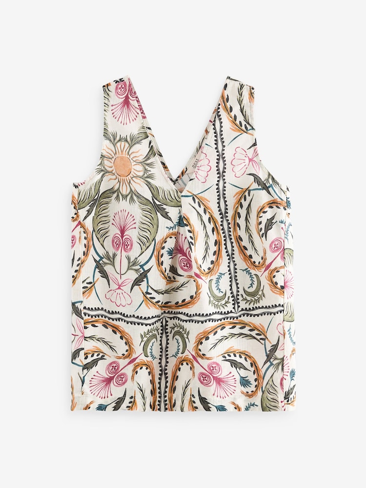 Ecru Cream Paisley Print Linen Blend V-Neck Summer Top - Image 6 of 6