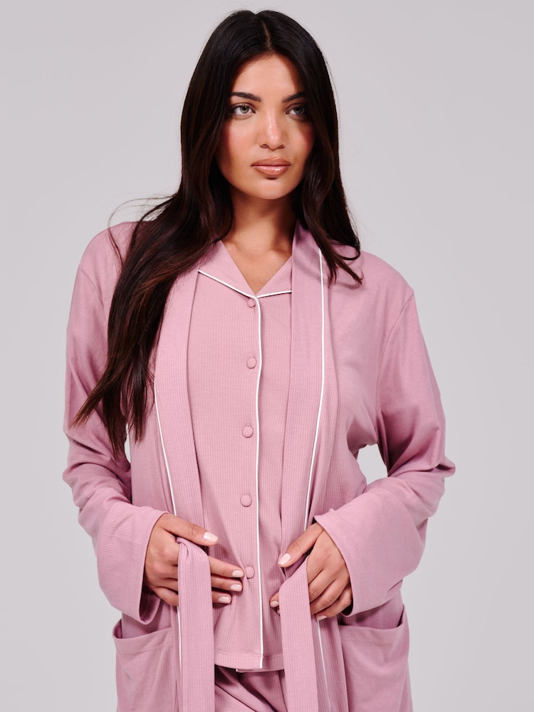 Loungeable Pink Rib Lightweight Dressing Gown - Image 4 of 4 Loungeable Pink Rib Lightweight Dressing Gown - Image 4 of 4