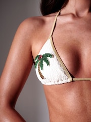 South Beach Cream Embellished Palm Tree Applique Triangle Bikini Set - Image 6 of 6