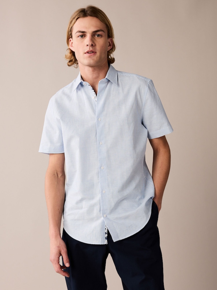 Blue Stripe Printed Linen Blend Shirt - Image 1 of 6