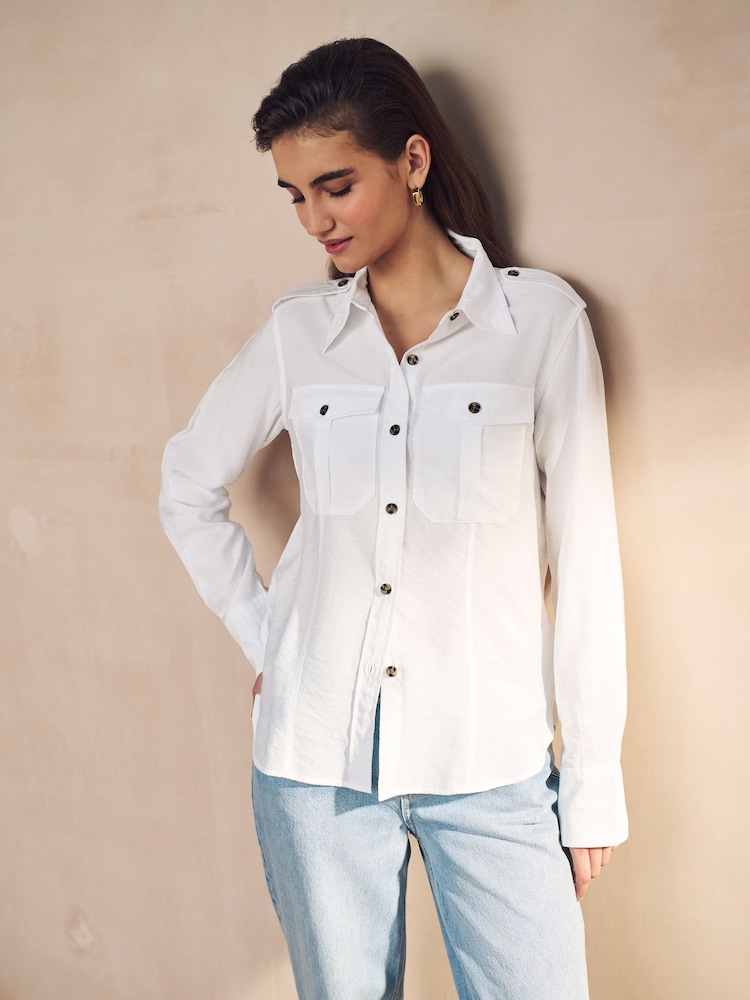 White Long Sleeve Utility Pocket Shirt - Image 2 of 7