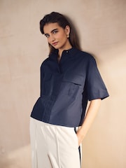 Navy Blue 100% Cotton Poplin Short Sleeve Utility Shirt - Image 1 of 8
