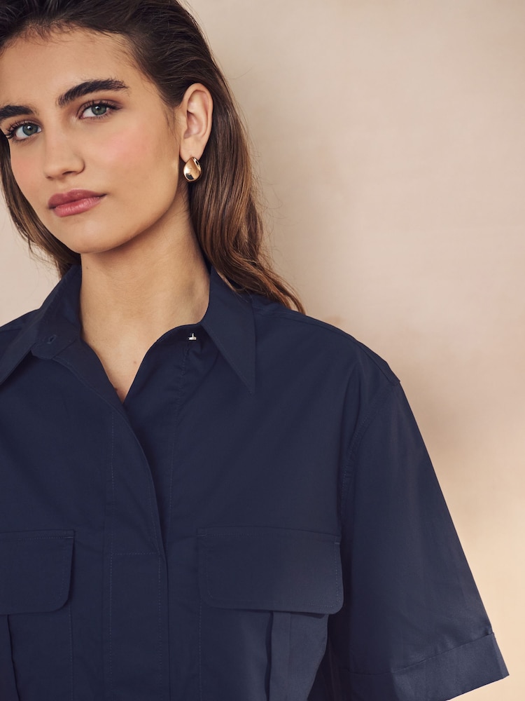 Navy Blue 100% Cotton Poplin Short Sleeve Utility Shirt - Image 2 of 8