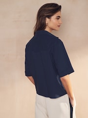 Navy Blue 100% Cotton Poplin Short Sleeve Utility Shirt - Image 3 of 8