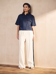Navy Blue 100% Cotton Poplin Short Sleeve Utility Shirt - Image 4 of 8