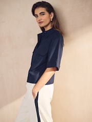 Navy Blue 100% Cotton Poplin Short Sleeve Utility Shirt - Image 5 of 8