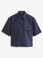Navy Blue 100% Cotton Poplin Short Sleeve Utility Shirt - Image 6 of 8