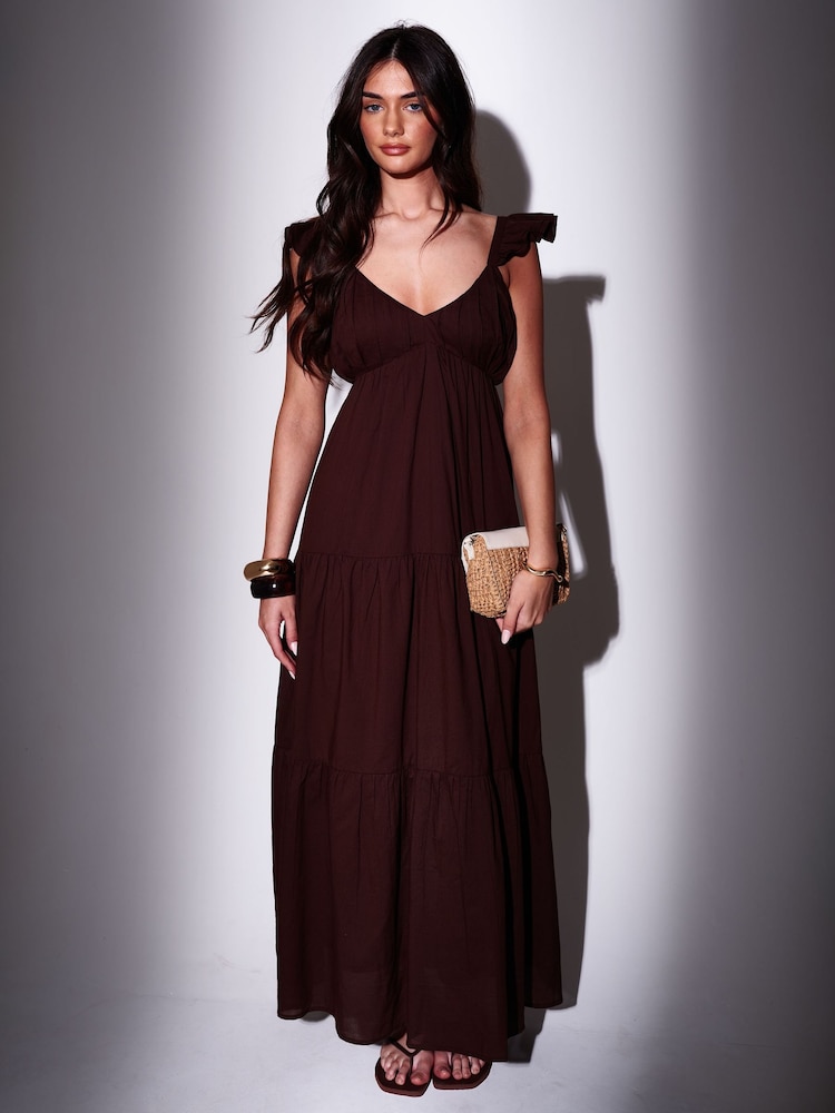 South Beach Brown 100% Cotton Frill Sleeve Tiered Maxi Dress - Image 2 of 5 South Beach Brown 100% Cotton Frill Sleeve Tiered Maxi Dress - Image 2 of 5