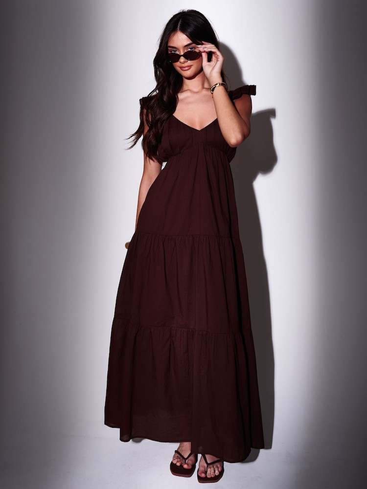 South Beach Brown 100% Cotton Frill Sleeve Tiered Maxi Dress - Image 5 of 5 South Beach Brown 100% Cotton Frill Sleeve Tiered Maxi Dress - Image 5 of 5