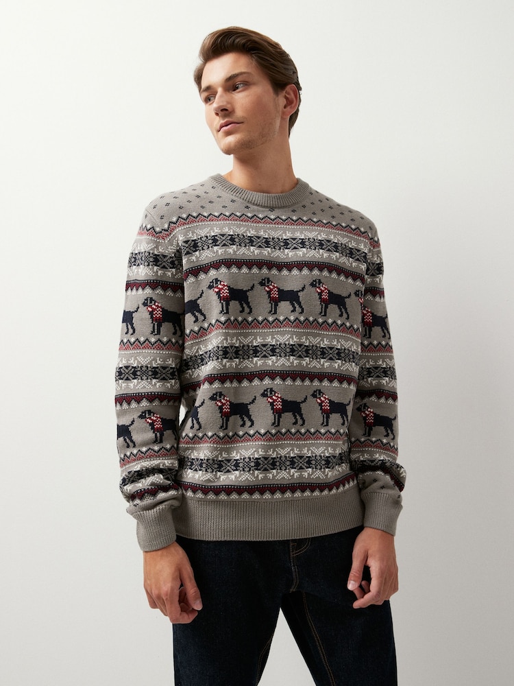 Dark Grey Dog Wrap Crew Neck Regular Knitted Christmas Jumper - Image 1 of 7