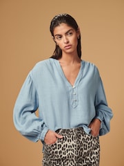 Chambray Blue Long Sleeve V-Neck Button Front Blouse With Linen - Image 1 of 7