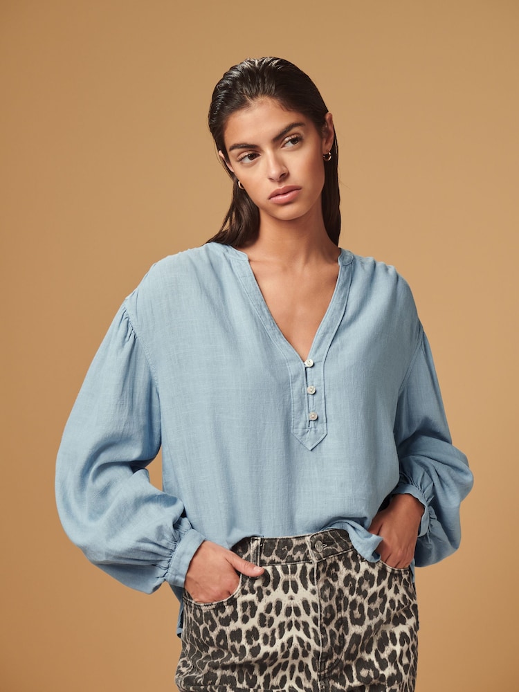 Chambray Blue Long Sleeve V-Neck Button Front Blouse With Linen - Image 1 of 7