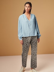 Chambray Blue Long Sleeve V-Neck Button Front Blouse With Linen - Image 2 of 7