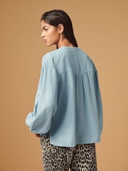 Chambray Blue Long Sleeve V-Neck Button Front Blouse With Linen - Image 3 of 7