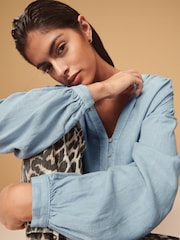 Chambray Blue Long Sleeve V-Neck Button Front Blouse With Linen - Image 4 of 7