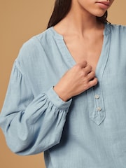 Chambray Blue Long Sleeve V-Neck Button Front Blouse With Linen - Image 5 of 7
