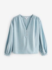 Chambray Blue Long Sleeve V-Neck Button Front Blouse With Linen - Image 6 of 7