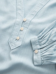 Chambray Blue Long Sleeve V-Neck Button Front Blouse With Linen - Image 7 of 7