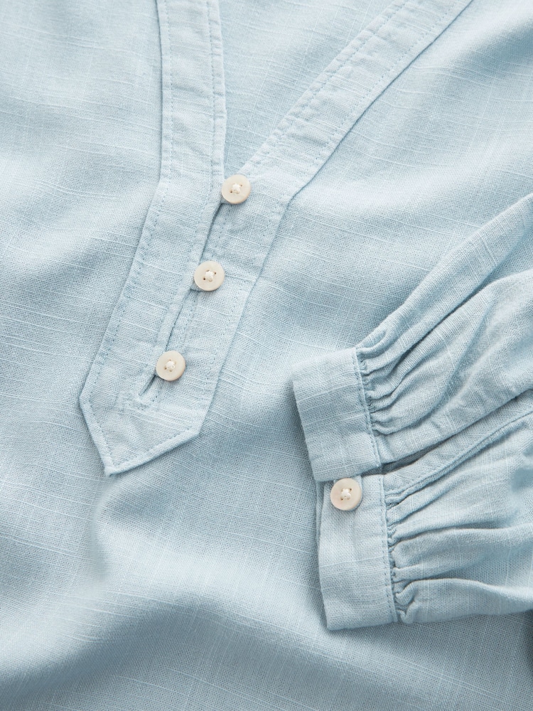 Chambray Blue Long Sleeve V-Neck Button Front Blouse With Linen - Image 7 of 7