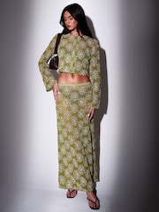 South Beach Green Crochet Floral Sequin Maxi Skirt - Image 1 of 6