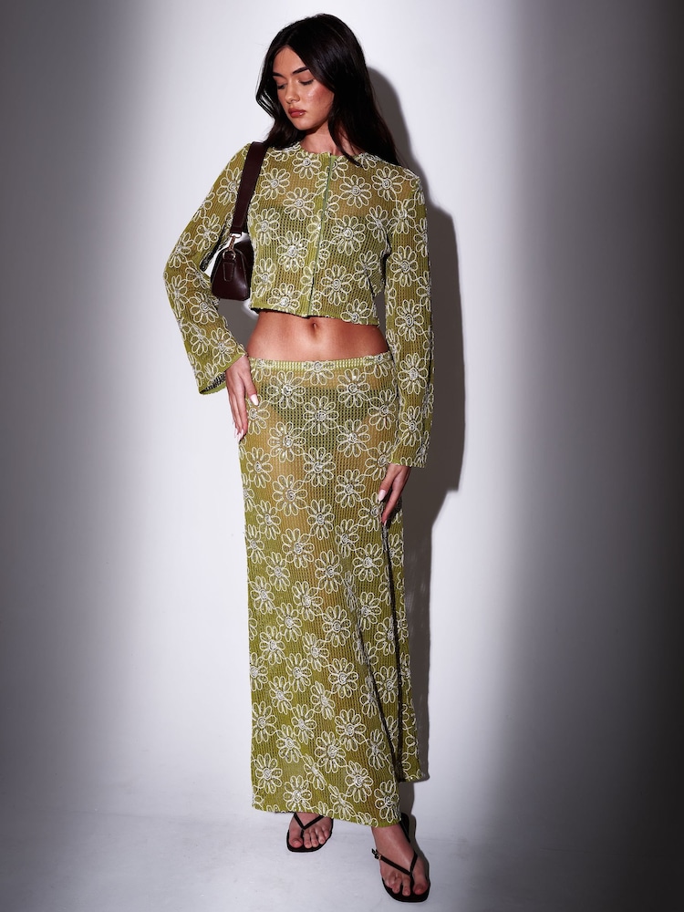 South Beach Green Crochet Floral Sequin Maxi Skirt - Image 1 of 6