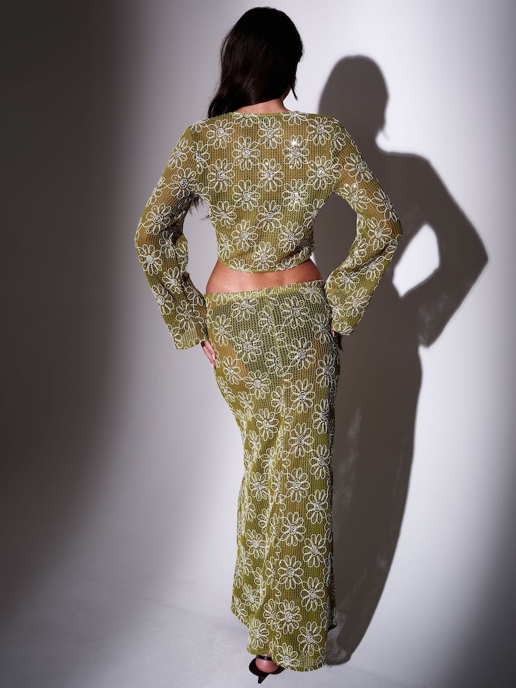 South Beach Green Crochet Floral Sequin Maxi Skirt - Image 2 of 6
