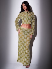 South Beach Green Crochet Floral Sequin Maxi Skirt - Image 3 of 6