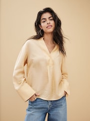 Cream Long Sleeve Textured Overhead V-Neck Blouse - Image 1 of 7