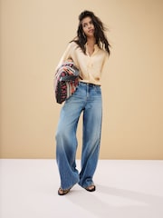 Cream Long Sleeve Textured Overhead V-Neck Blouse - Image 2 of 7