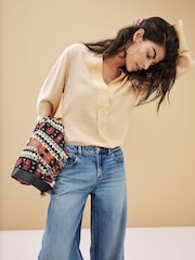 Cream Long Sleeve Textured Overhead V-Neck Blouse - Image 3 of 7