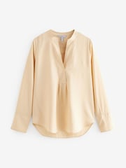 Cream Long Sleeve Textured Overhead V-Neck Blouse - Image 6 of 7
