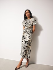 Black/White Paisley Twist Waist Short Sleeve Midi Dress - Image 1 of 3