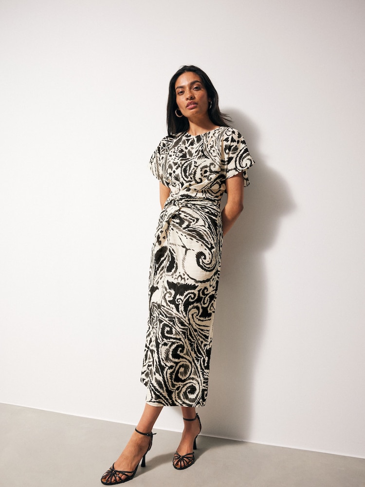 Black/White Paisley Twist Waist Short Sleeve Midi Dress - Image 1 of 3