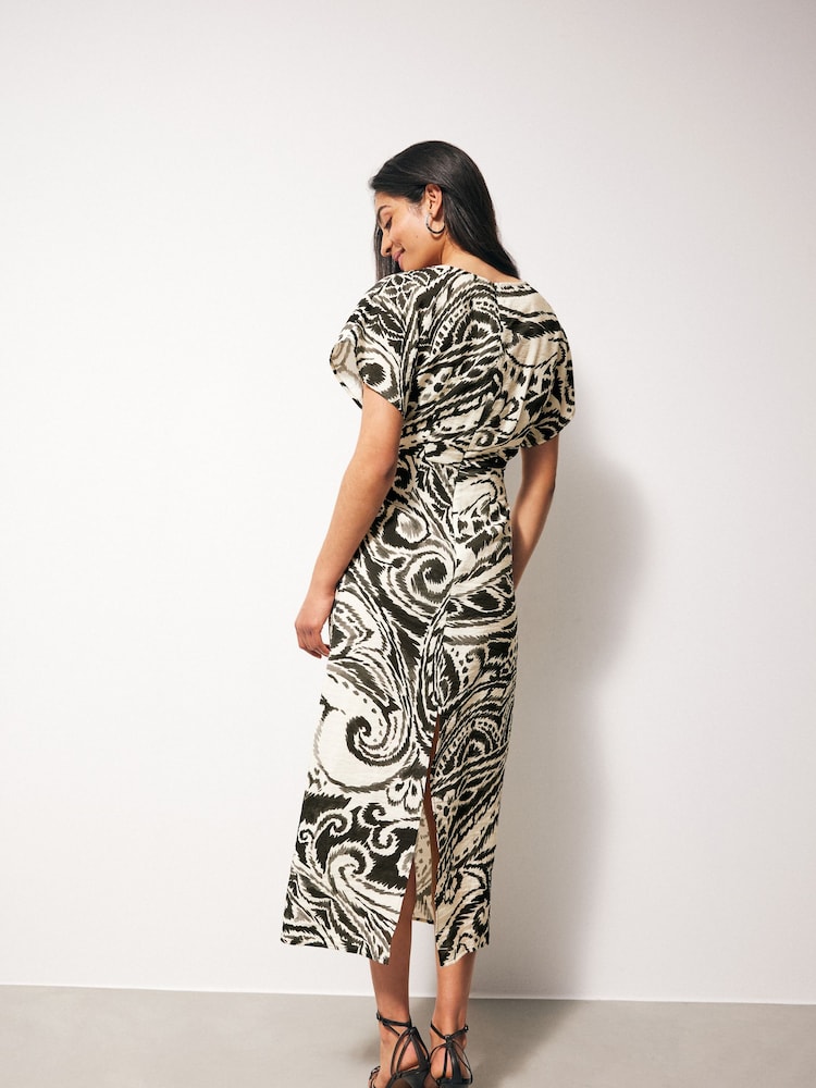 Black/White Paisley Twist Waist Short Sleeve Midi Dress - Image 2 of 3