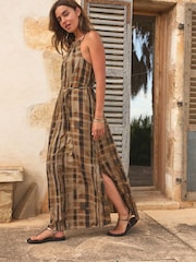Chocolate Brown/Black Check Strappy Maxi Summer Dress - Image 2 of 6