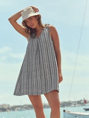 Black/Ecru Pinstripe Linen Blend V-Neck Summer Mini Dress - Image 1 of 6