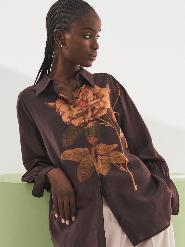Brown Rose Sheer Long Sleeve Oversized Shirt - Image 1 of 6