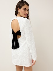 White 3D Floral Textured Long Sleeve Bow Back Dress - Image 1 of 6