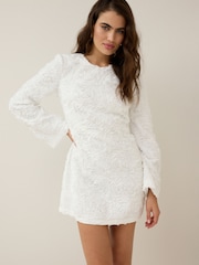 White 3D Floral Textured Long Sleeve Bow Back Dress - Image 2 of 6