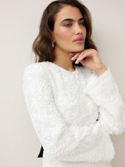 White 3D Floral Textured Long Sleeve Bow Back Dress - Image 4 of 6