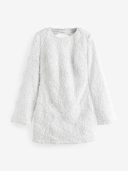 White 3D Floral Textured Long Sleeve Bow Back Dress - Image 5 of 6