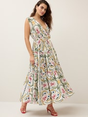 Ecru/Multi Paisley Print Sleeveless V-Neck Belted Maxi Dress - Image 1 of 6