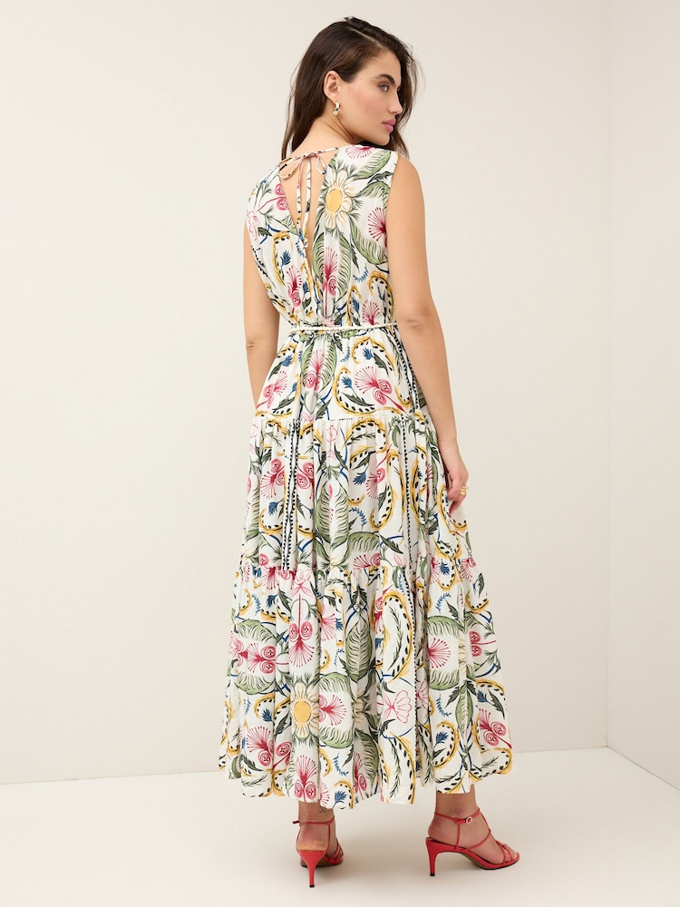 Ecru/Multi Paisley Print Sleeveless V-Neck Belted Maxi Dress - Image 2 of 6