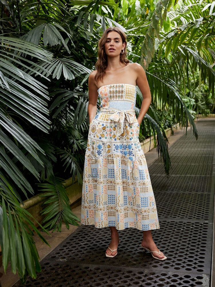белый/разноцветный Tile принт - Летние платья миди из хлопка 100% Shirred Bandeau Midi - Изображение 1 из 5